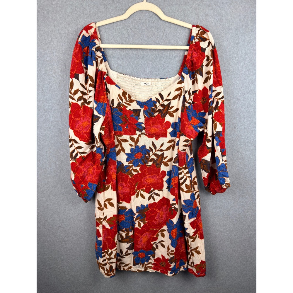 Maurices Floral Square Neck Smocked Back Puff Sleeve Mini Dress Red Blue Cream